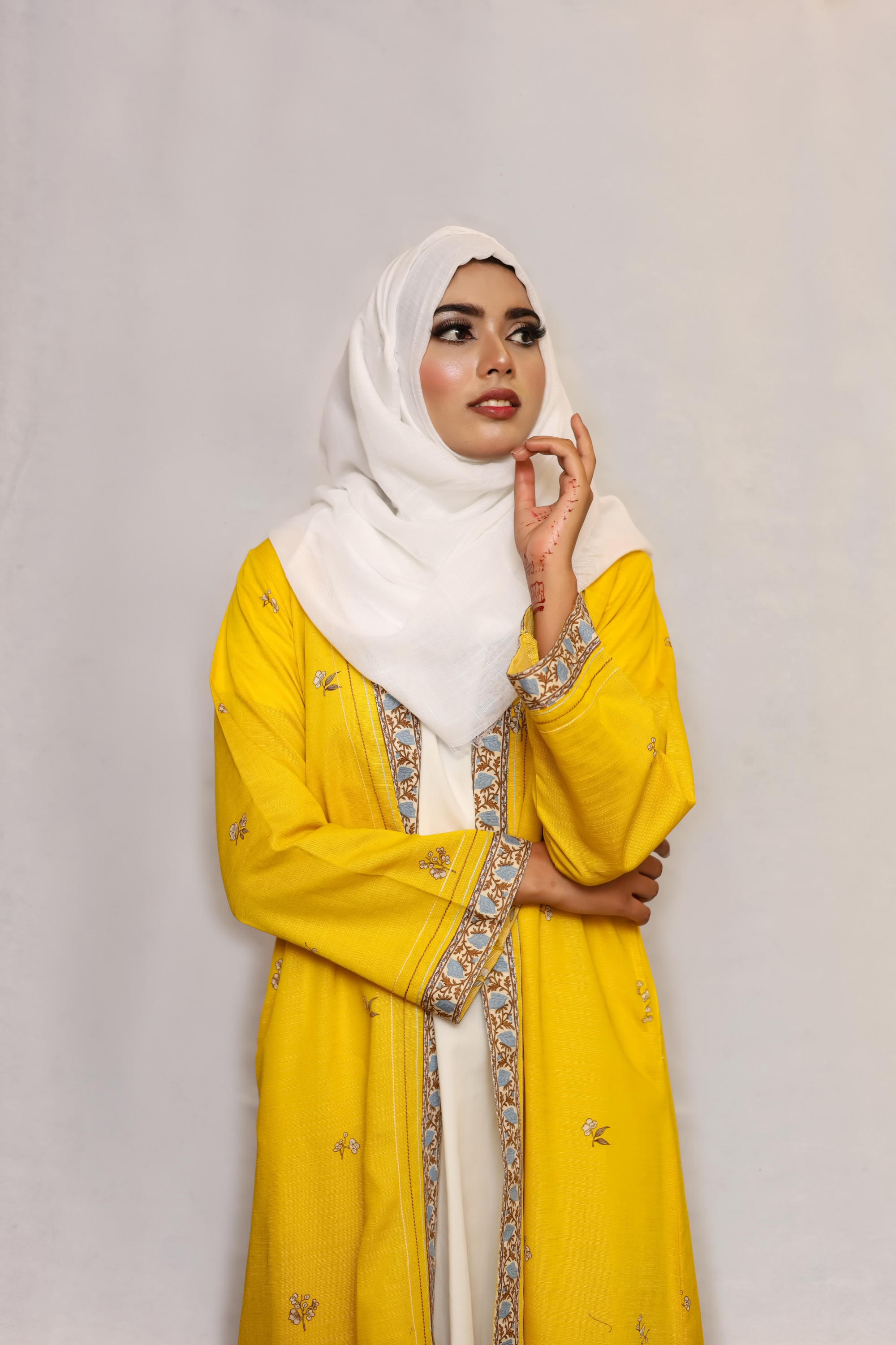 Printed Open Abaya - Yellow