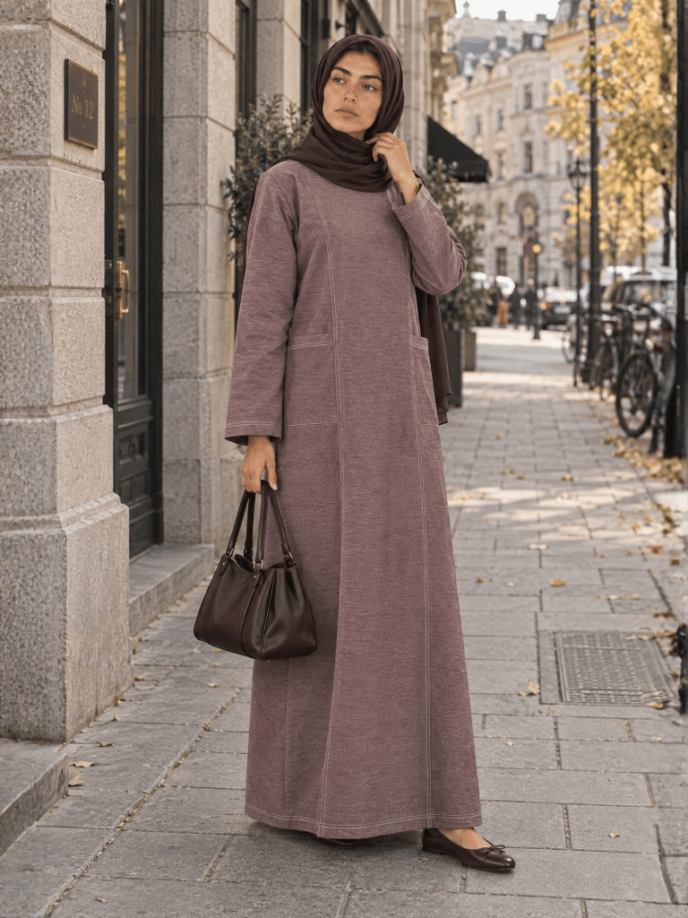 Denim Panelled Maxi Dress - Peanut - Fasilah