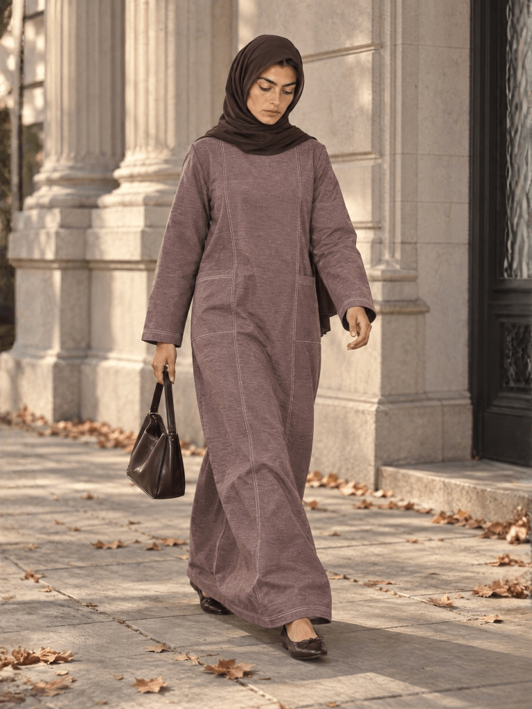 Denim Panelled Maxi Dress - Peanut - Fasilah