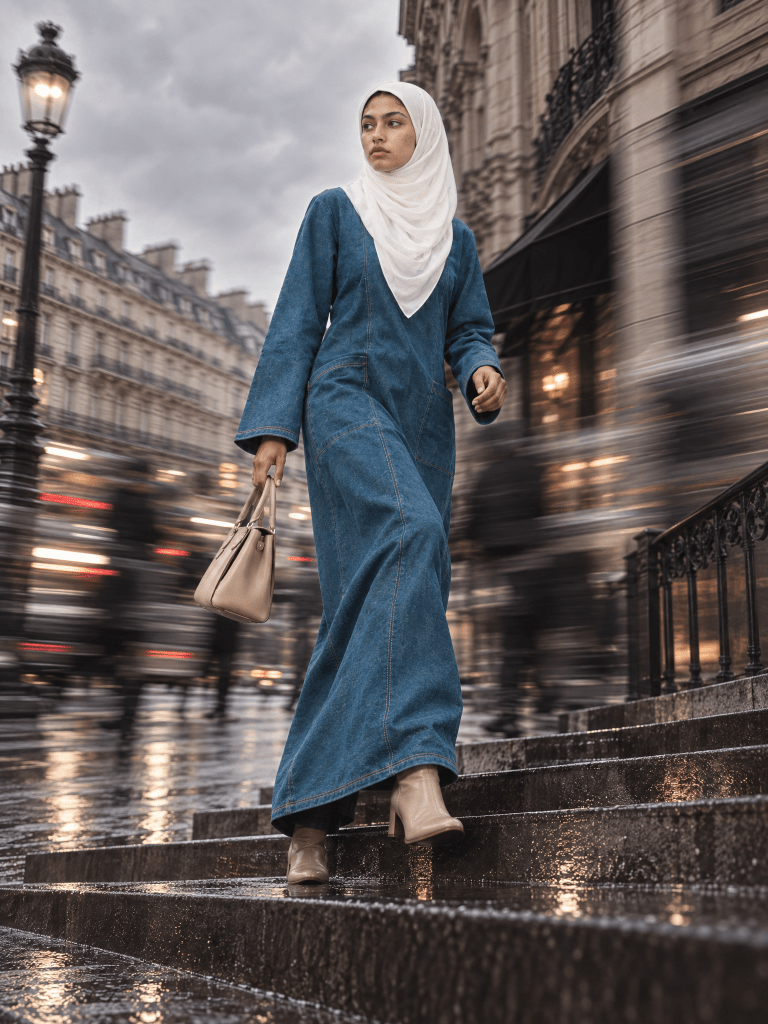 Denim Panelled Maxi Dress - Teal - Fasilah