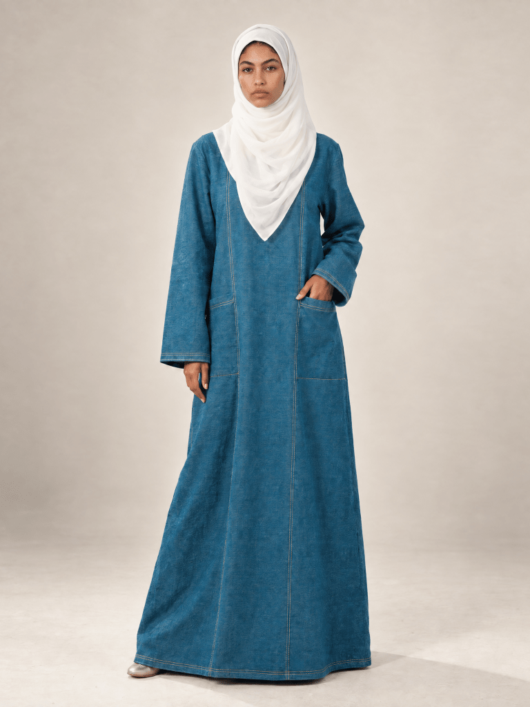 Denim Panelled Maxi Dress - Teal - Fasilah