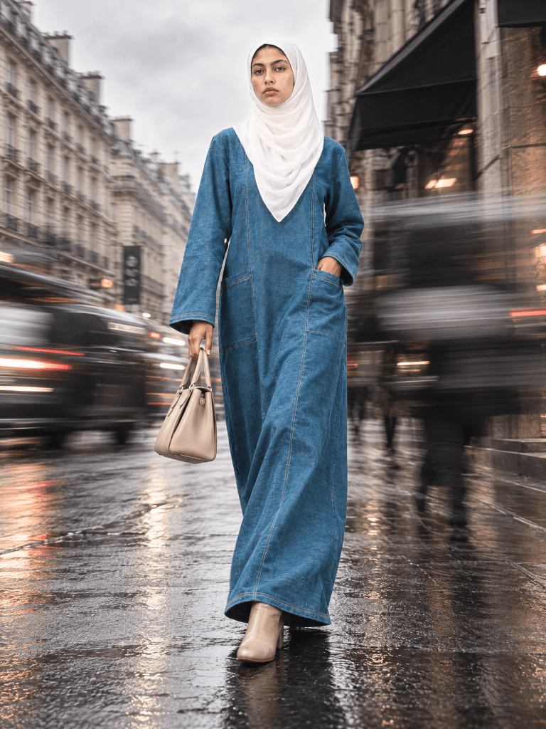 Denim Panelled Maxi Dress - Teal - Fasilah