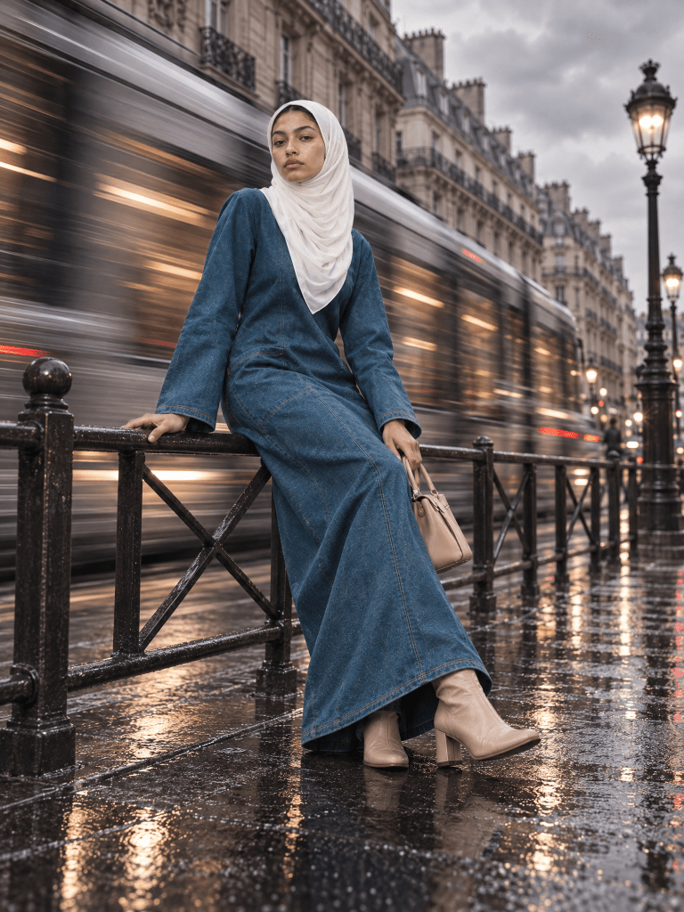 Denim Panelled Maxi Dress - Teal - Fasilah