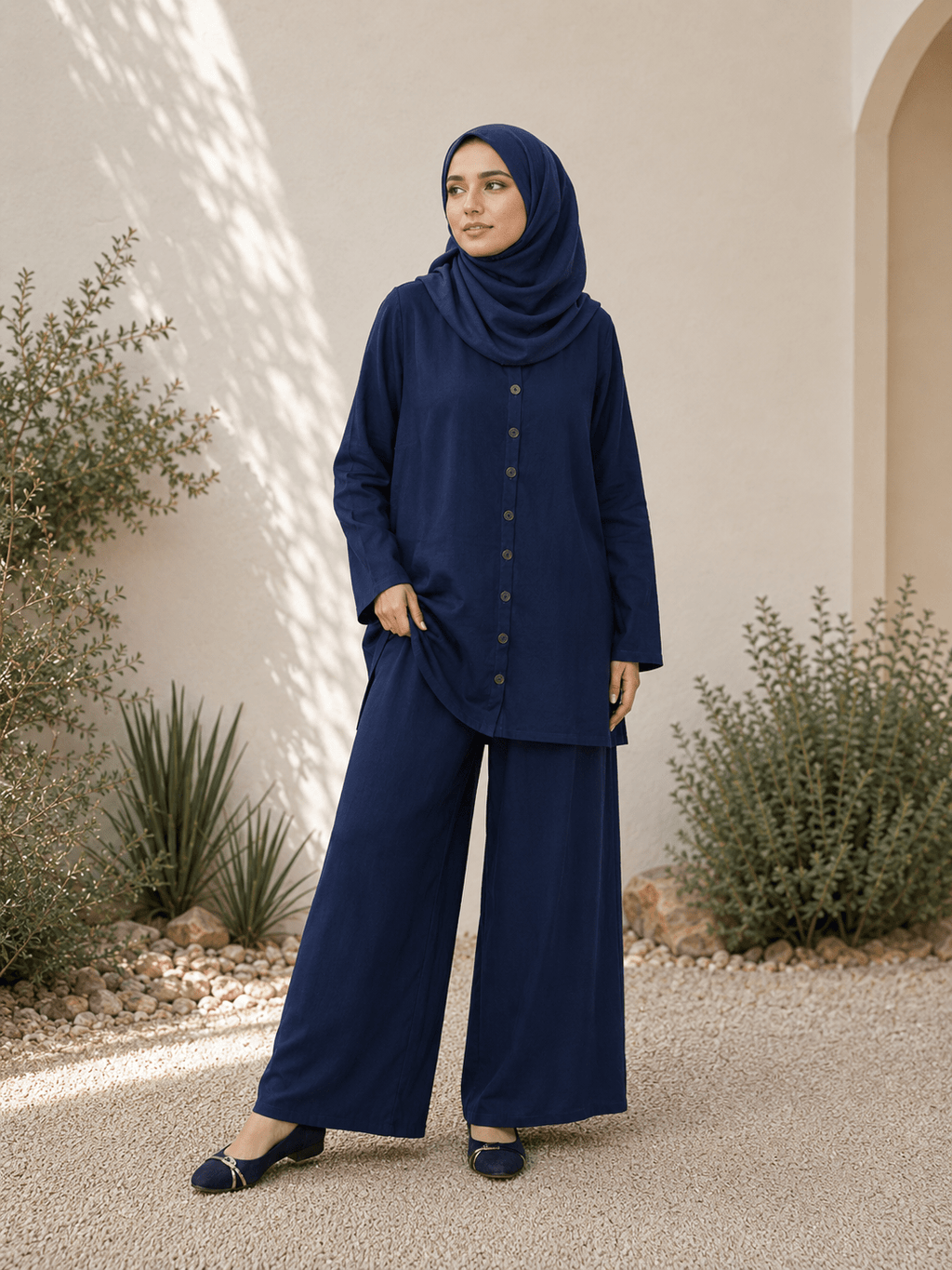 Essential Linen Suit | Button-up Shirt & Trousers in Navy - Fasilah