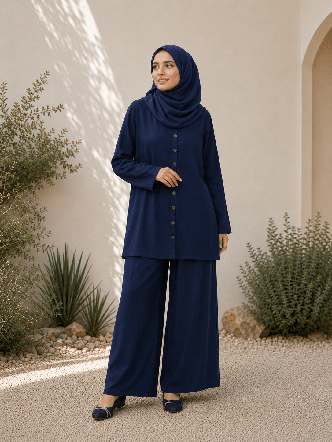 Essential Linen Suit | Button-up Shirt & Trousers in Navy - Fasilah