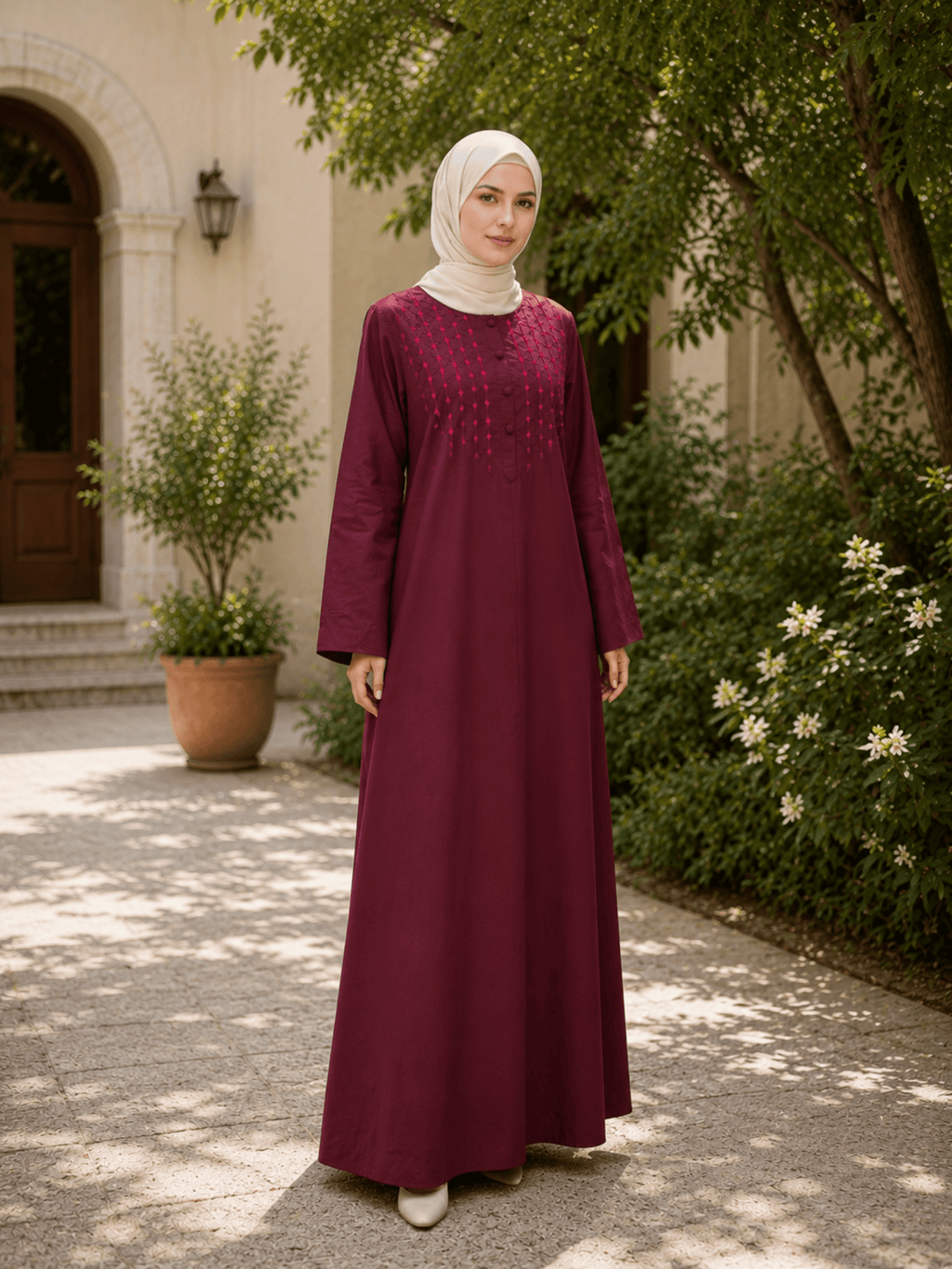 Hajj&Umrah | Premium Cotton Abaya in Burgundy (Hand-embroidered) - Fasilah
