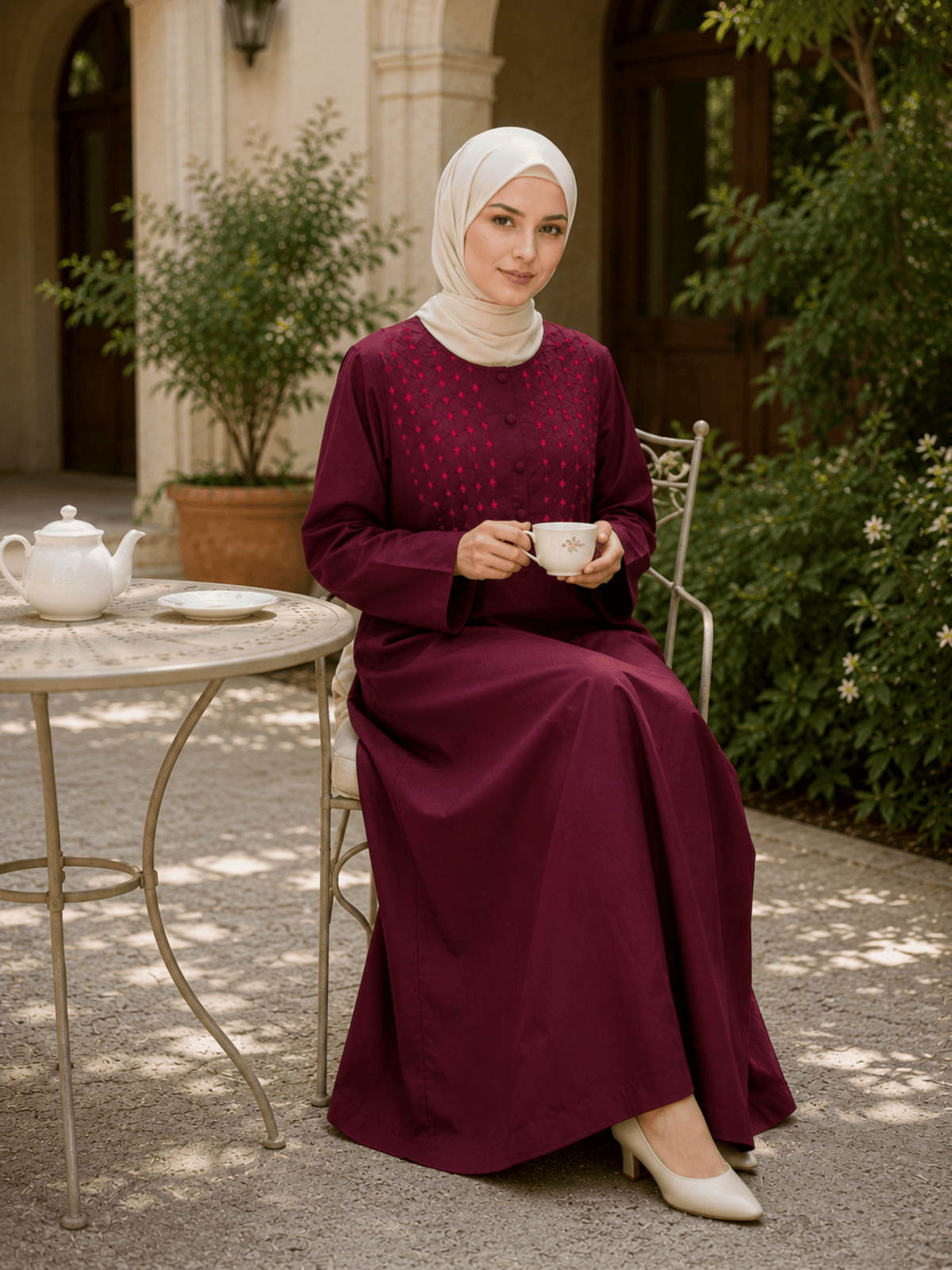 Hajj&Umrah | Premium Cotton Abaya in Burgundy (Hand-embroidered) - Fasilah