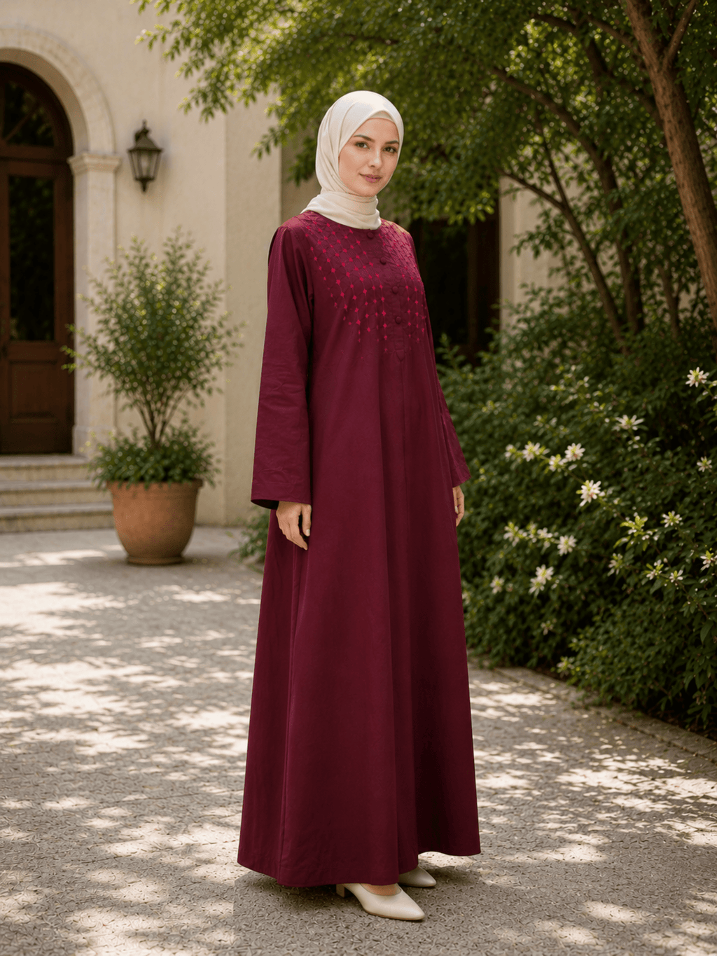 Hajj&Umrah | Premium Cotton Abaya in Burgundy (Hand-embroidered) - Fasilah