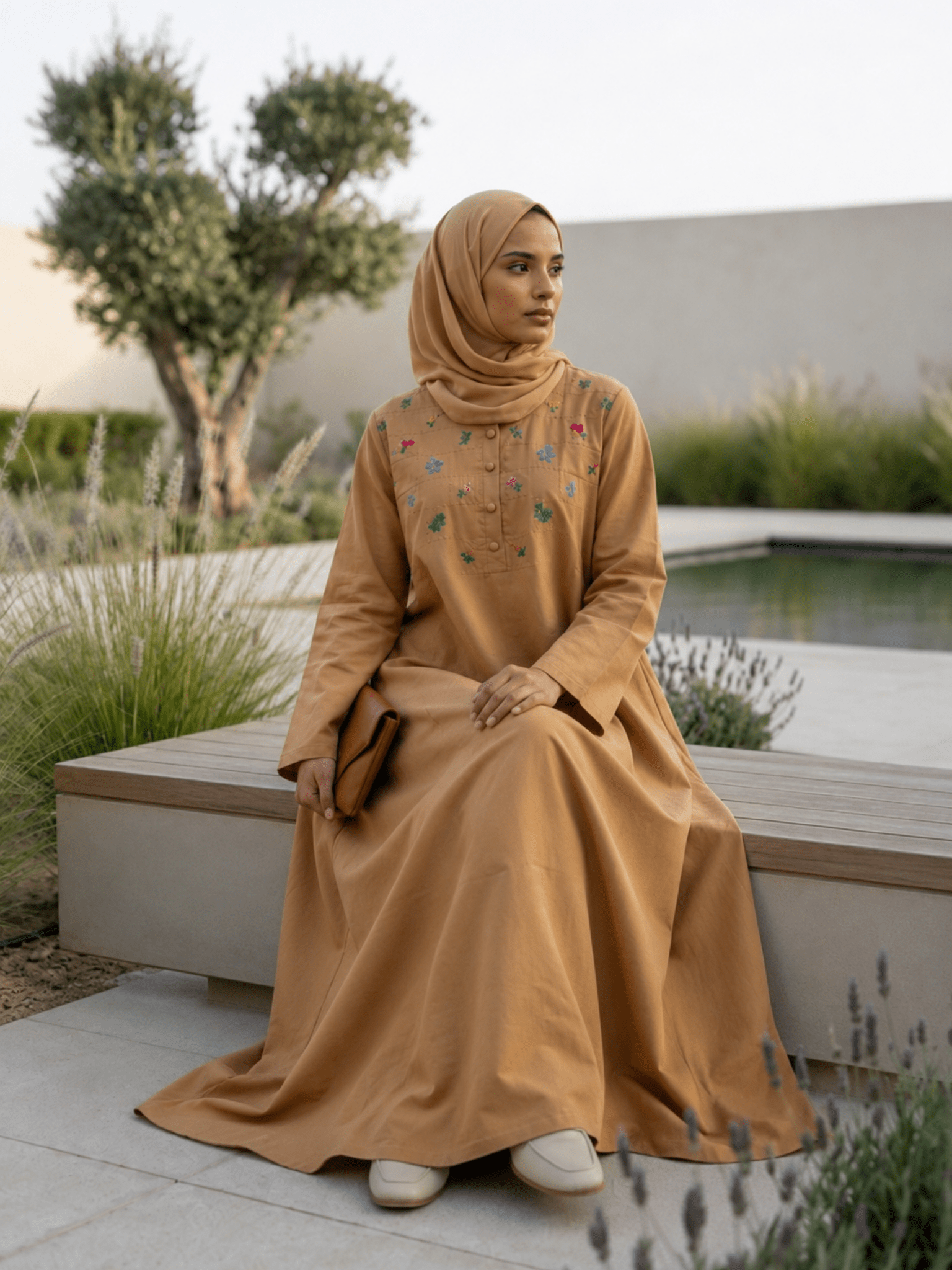 Hajj&Umrah | Premium Cotton Abaya in Cinnamon (Hand-embroidered) - Fasilah