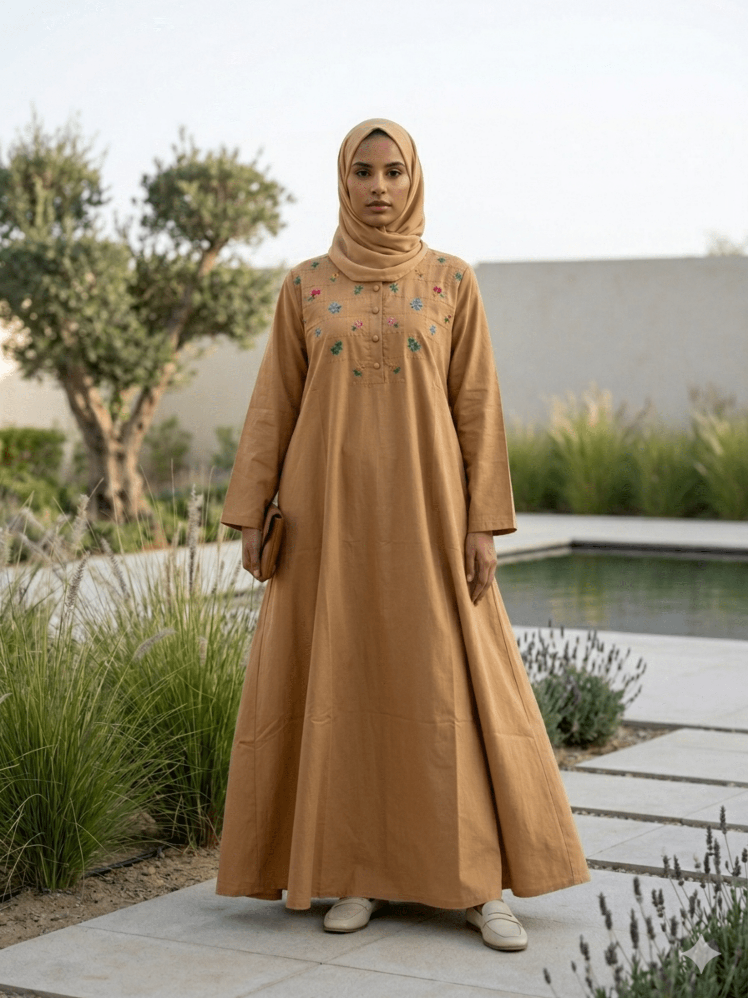 Hajj&Umrah | Premium Cotton Abaya in Cinnamon (Hand-embroidered) - Fasilah