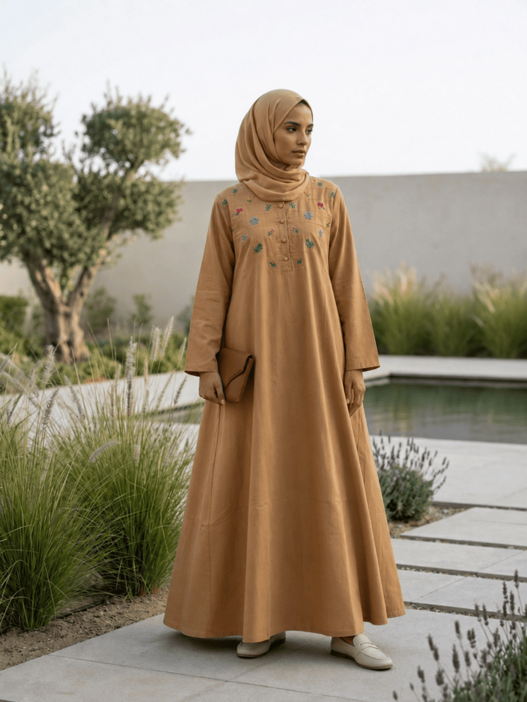 Hajj&Umrah | Premium Cotton Abaya in Cinnamon (Hand-embroidered) - Fasilah