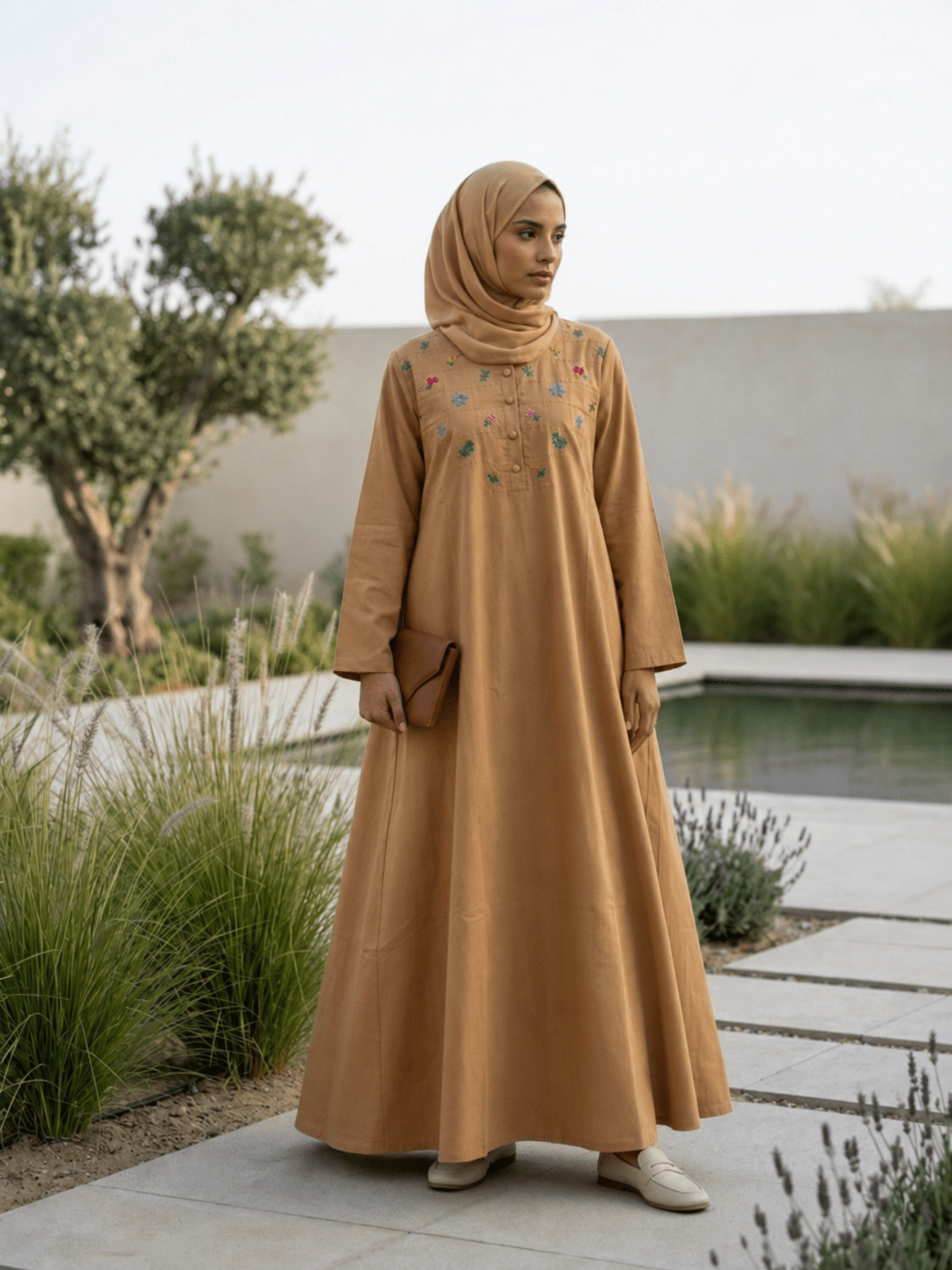 Hajj&Umrah | Premium Cotton Abaya in Cinnamon (Hand-embroidered) - Fasilah