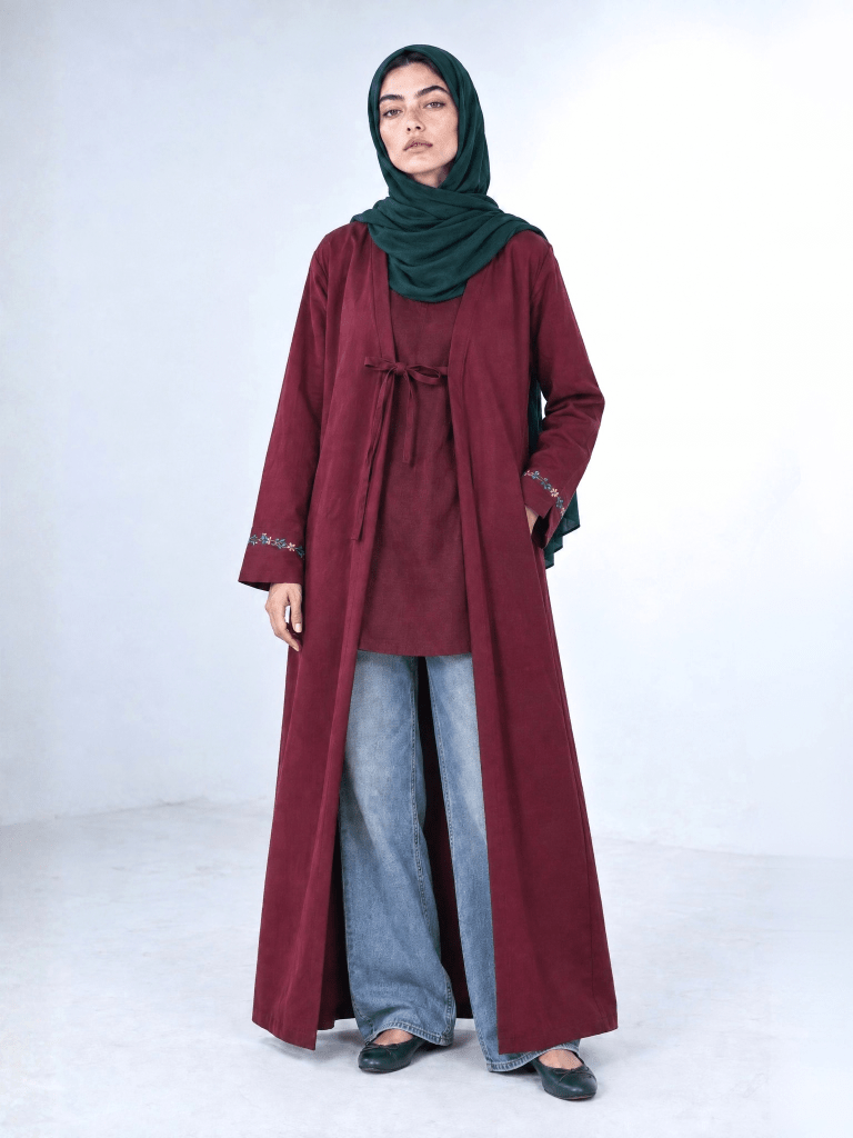 Heritage Bow Open Abaya – Berry - Fasilah