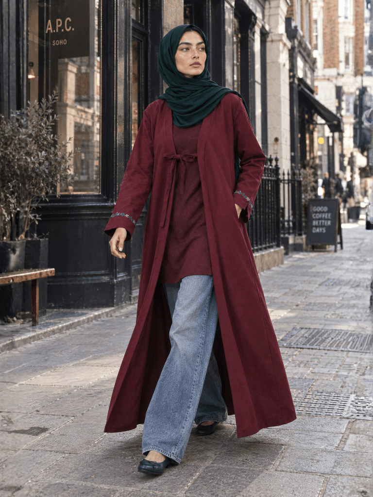 Heritage Bow Open Abaya – Berry - Fasilah