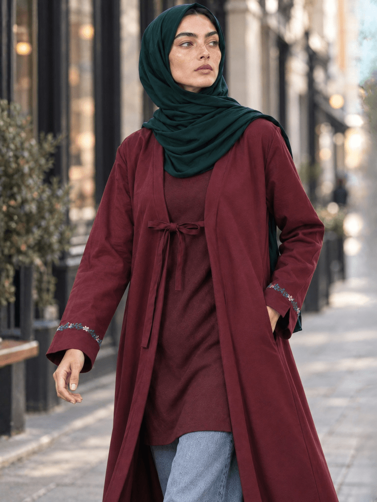Heritage Bow Open Abaya – Berry - Fasilah