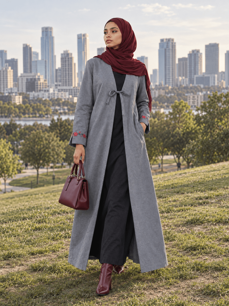 Heritage Bow Open Abaya – Grey - Fasilah