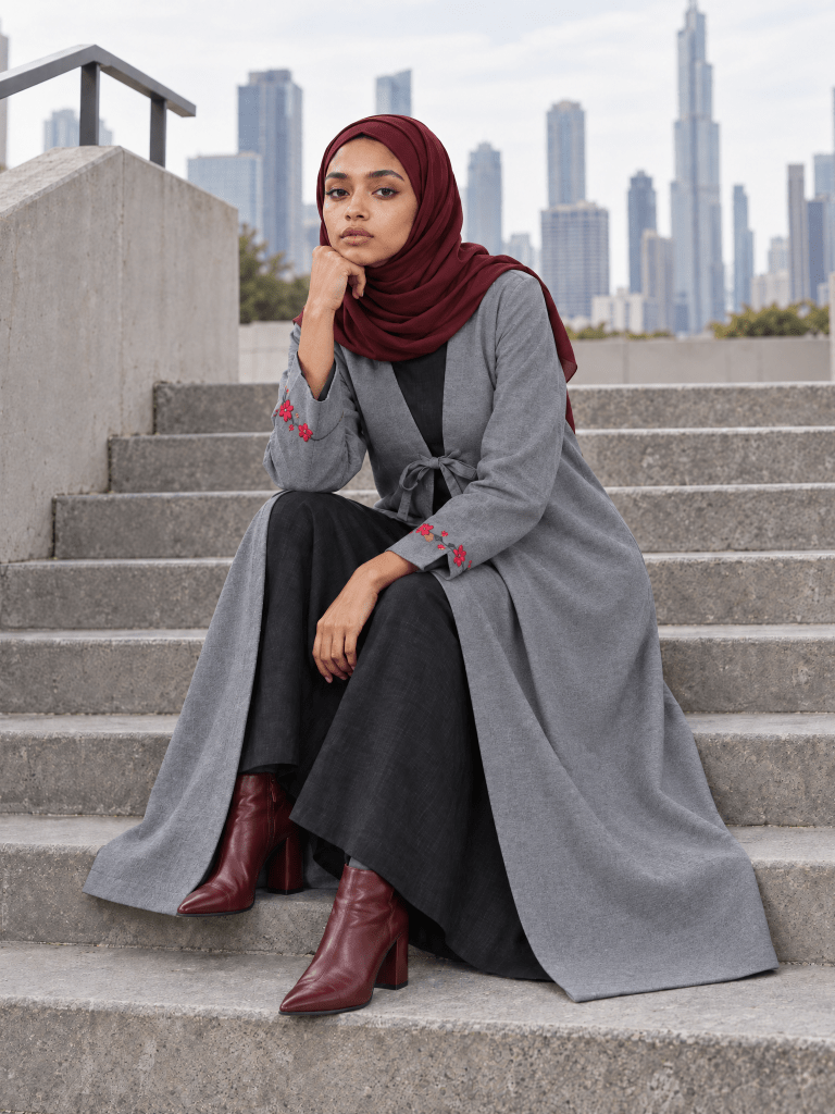 Heritage Bow Open Abaya – Grey - Fasilah