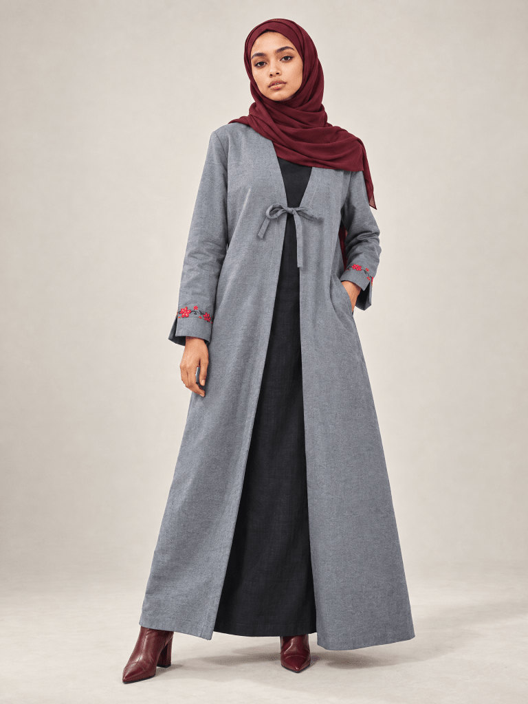 Heritage Bow Open Abaya – Grey - Fasilah