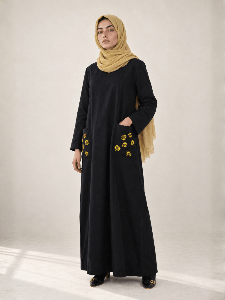 Heritage Cotton | Embroidered Panelled Maxi Dress in Black - Fasilah