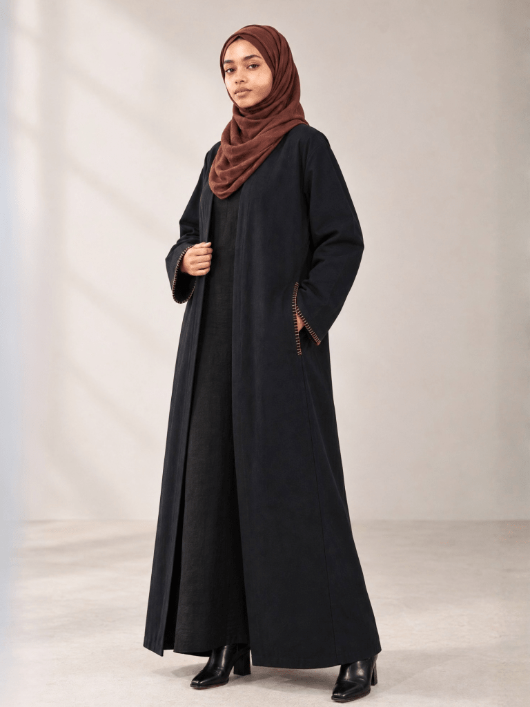 Heritage Cotton | Minimalist Open Abaya in Black - Fasilah