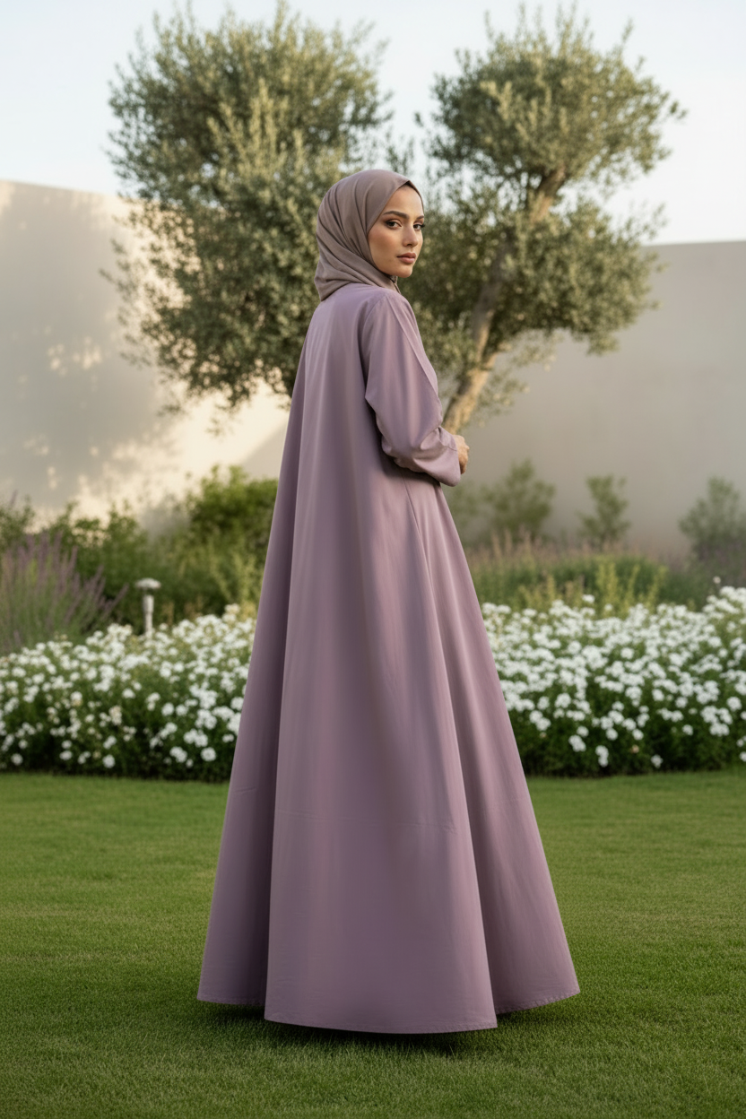 Lilac Abaya - Back View Camel Hijab