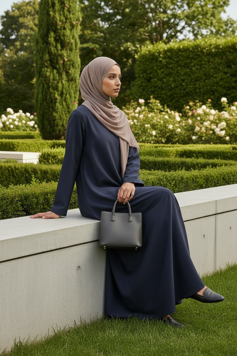 Midnight Blue Abaya – Structured Sitting Angle