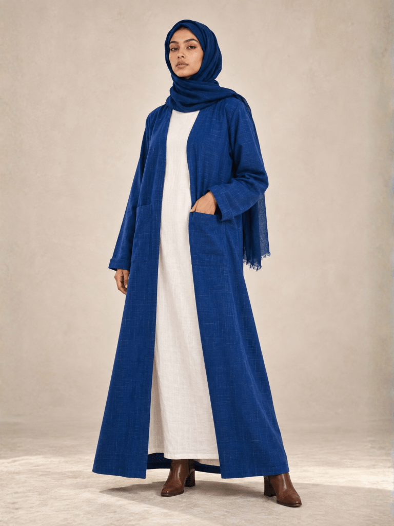 Minimalist Open Abaya – Checked Blue - Fasilah