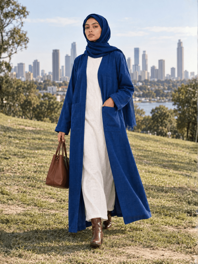 Minimalist Open Abaya – Checked Blue - Fasilah