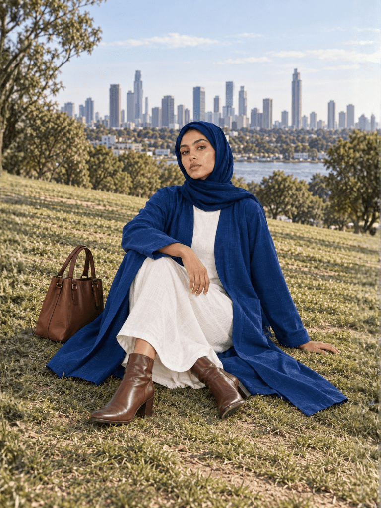 Minimalist Open Abaya – Checked Blue - Fasilah