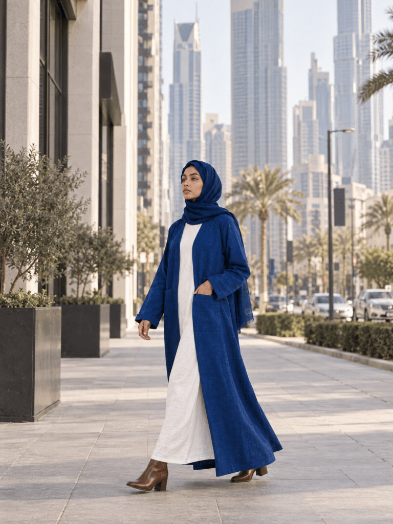Minimalist Open Abaya – Checked Blue - Fasilah