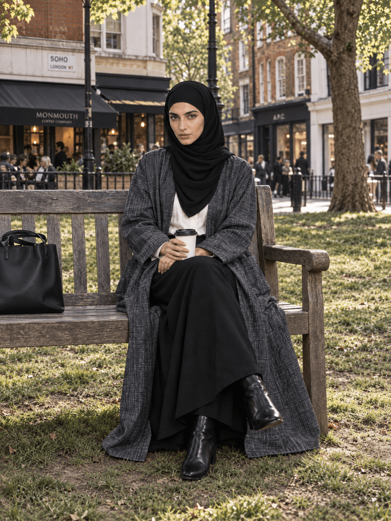 Minimalist Open Abaya – Checked Charcoal - Fasilah