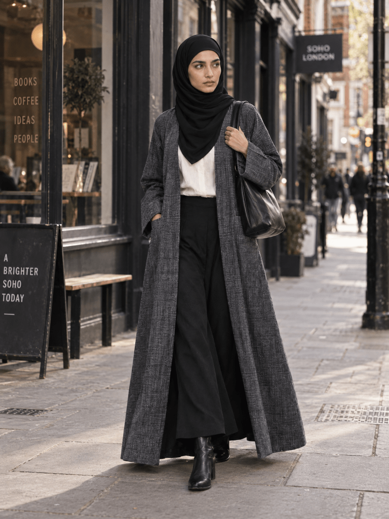 Minimalist Open Abaya – Checked Charcoal - Fasilah