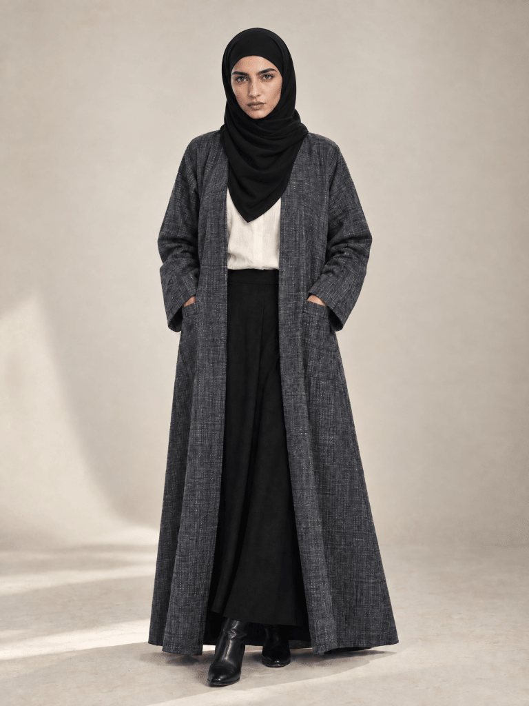 Minimalist Open Abaya – Checked Charcoal - Fasilah