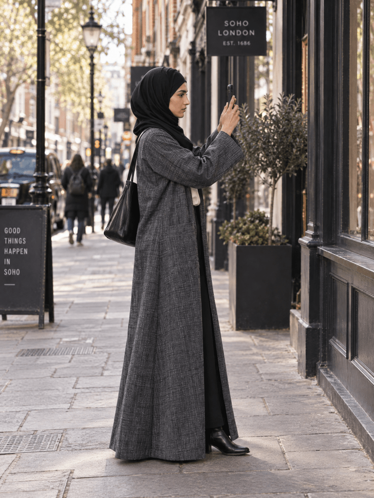 Minimalist Open Abaya – Checked Charcoal - Fasilah