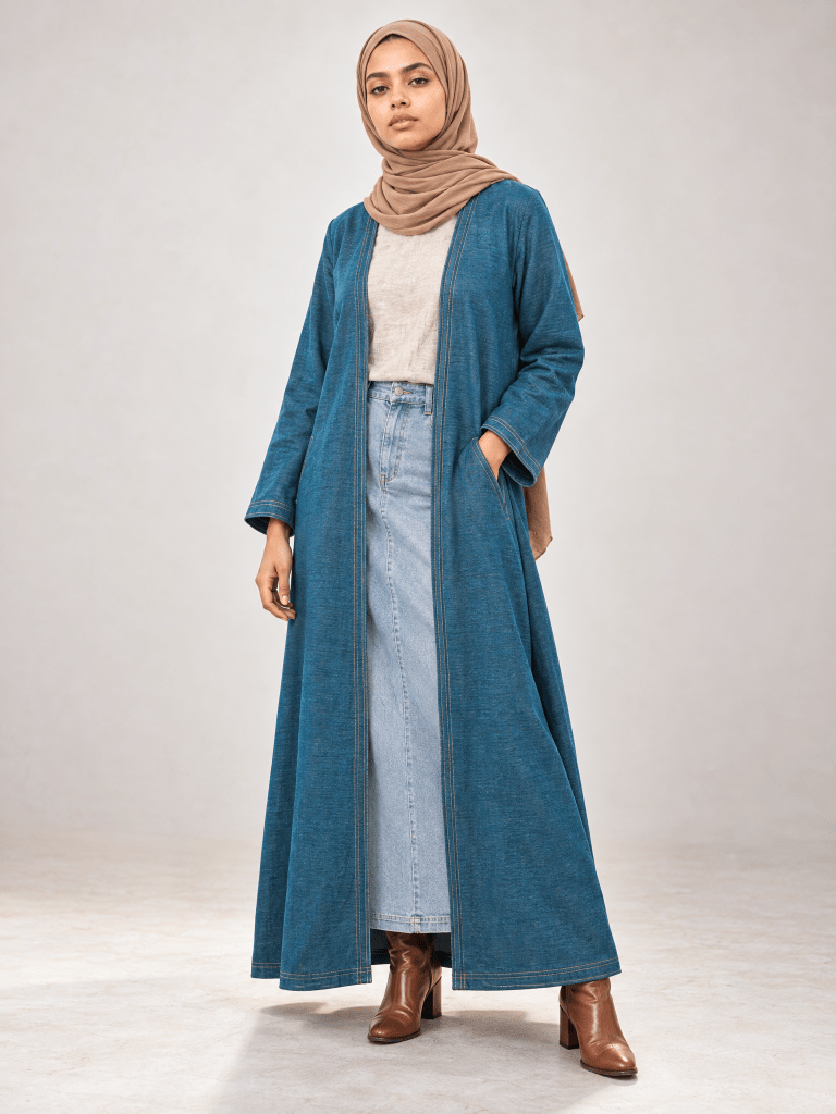 Open Denim Abaya – Teal - Fasilah