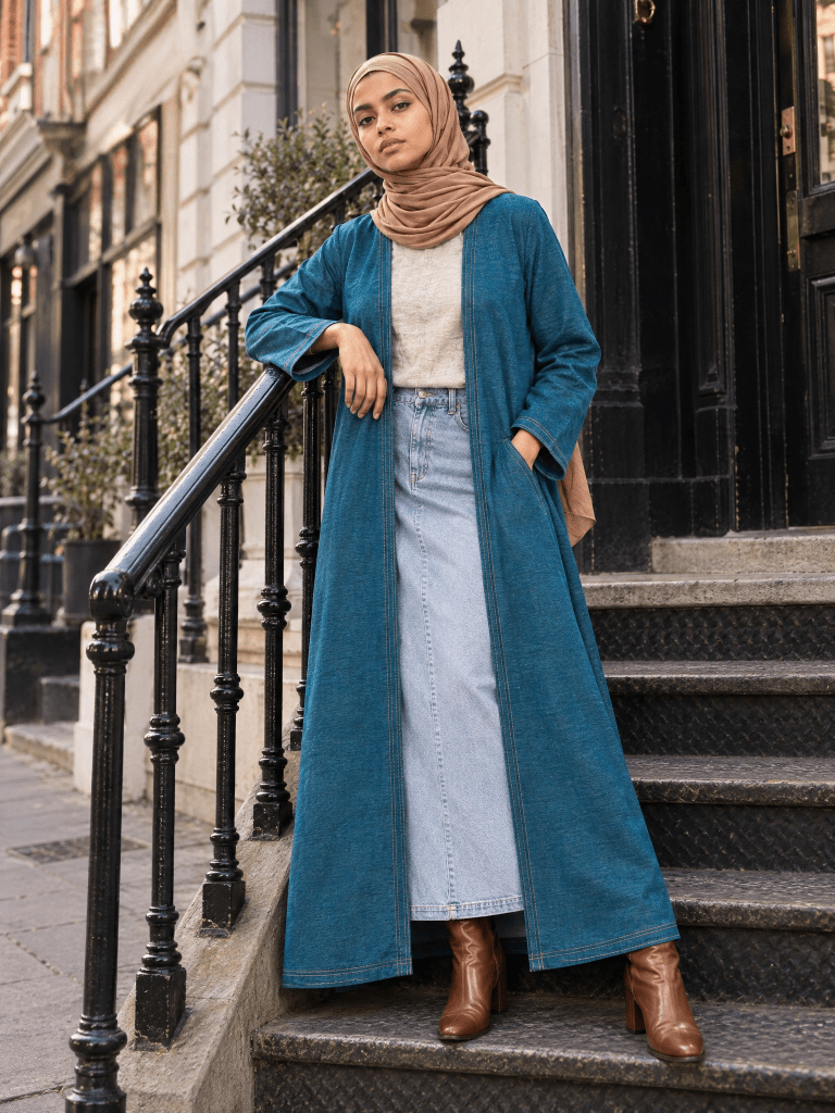 Open Denim Abaya – Teal - Fasilah