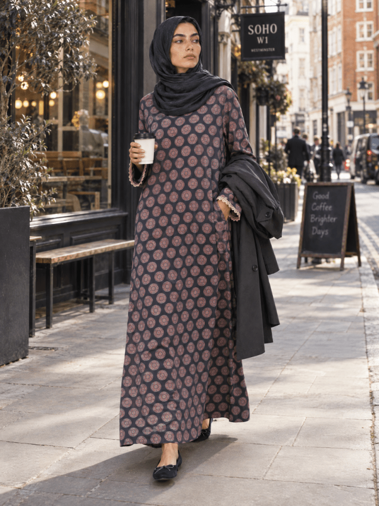 Printed | Cotton Abaya in Dark Blue - Fasilah