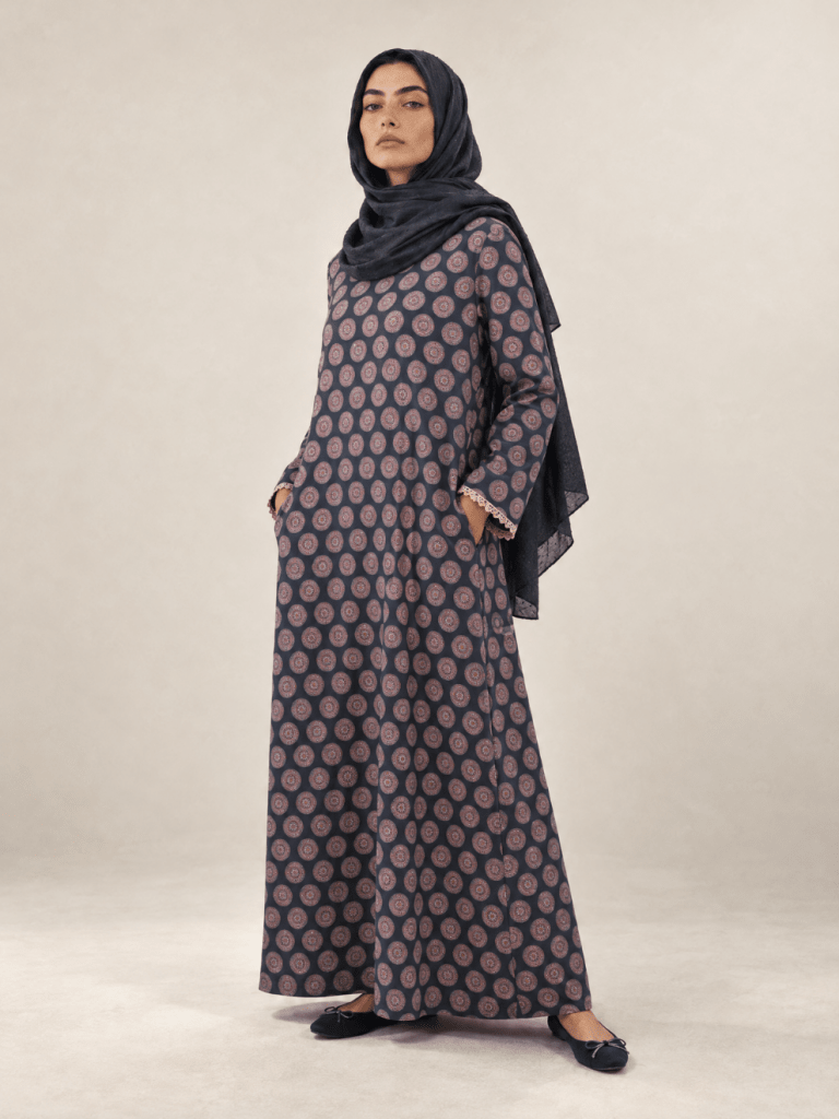 Printed | Cotton Abaya in Dark Blue - Fasilah