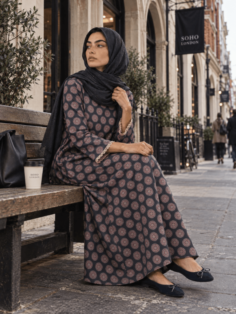 Printed | Cotton Abaya in Dark Blue - Fasilah