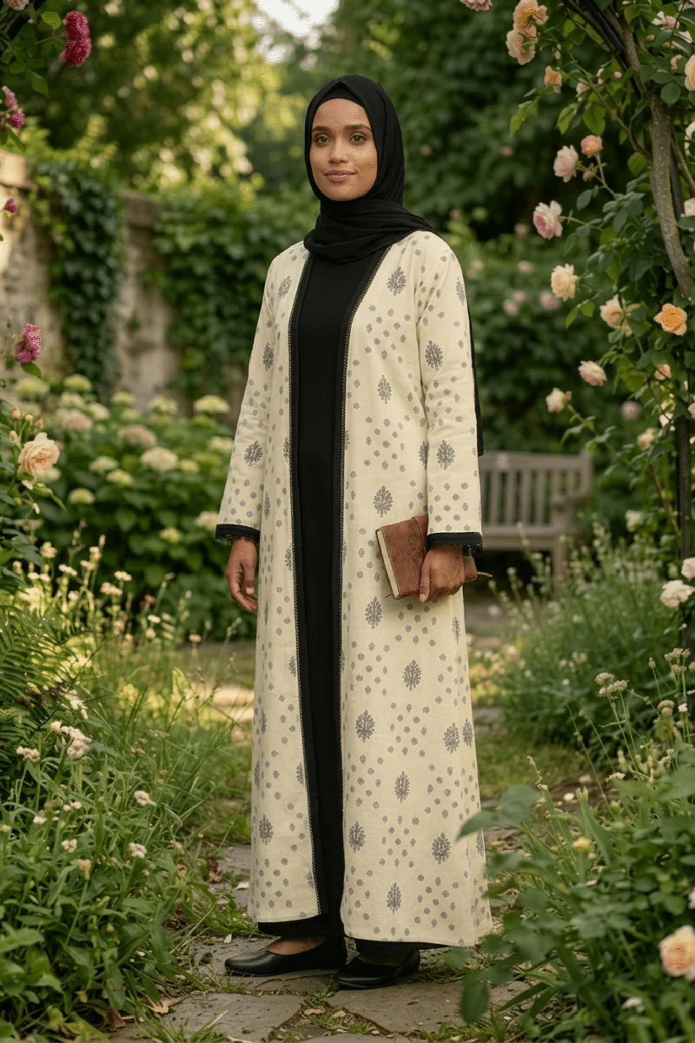 Printed Open Abaya - Black and White - Fasilah