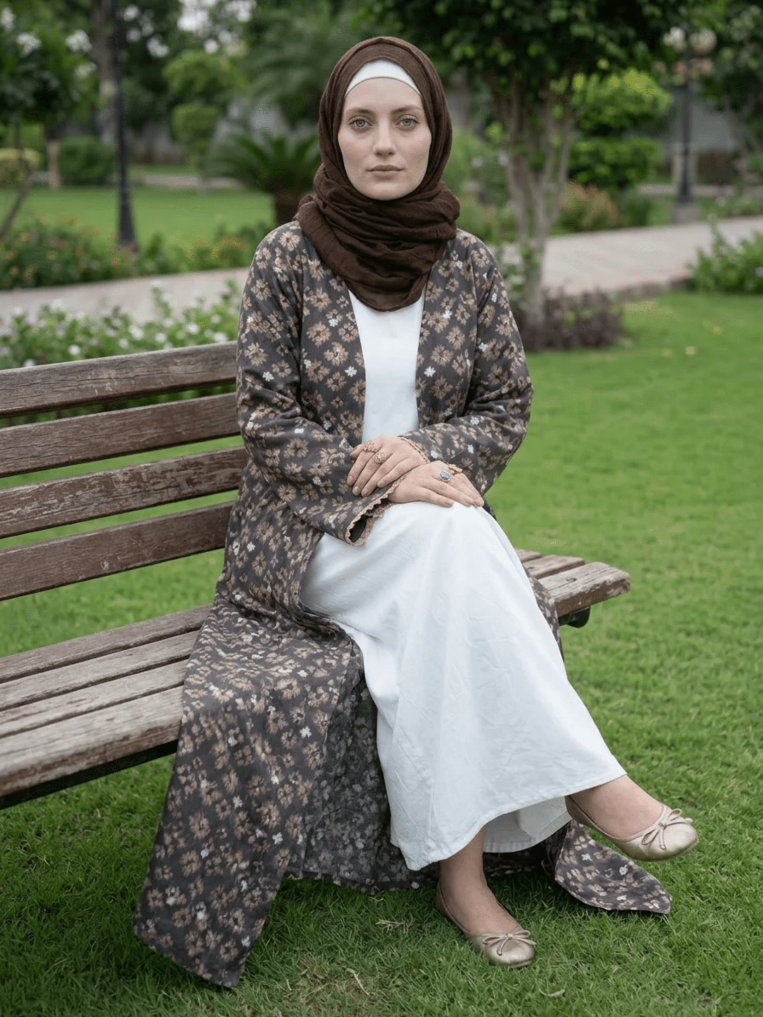 Printed Open Abaya - Brown - Fasilah