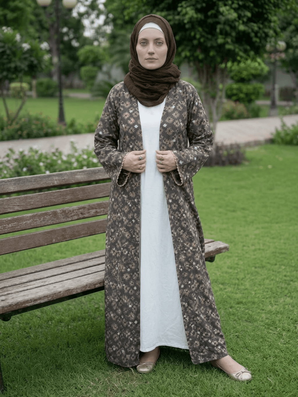 Printed Open Abaya - Brown - Fasilah