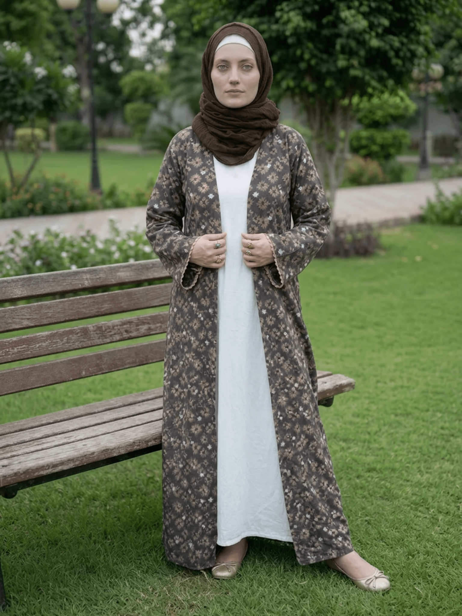 Printed Open Abaya - Brown - Fasilah
