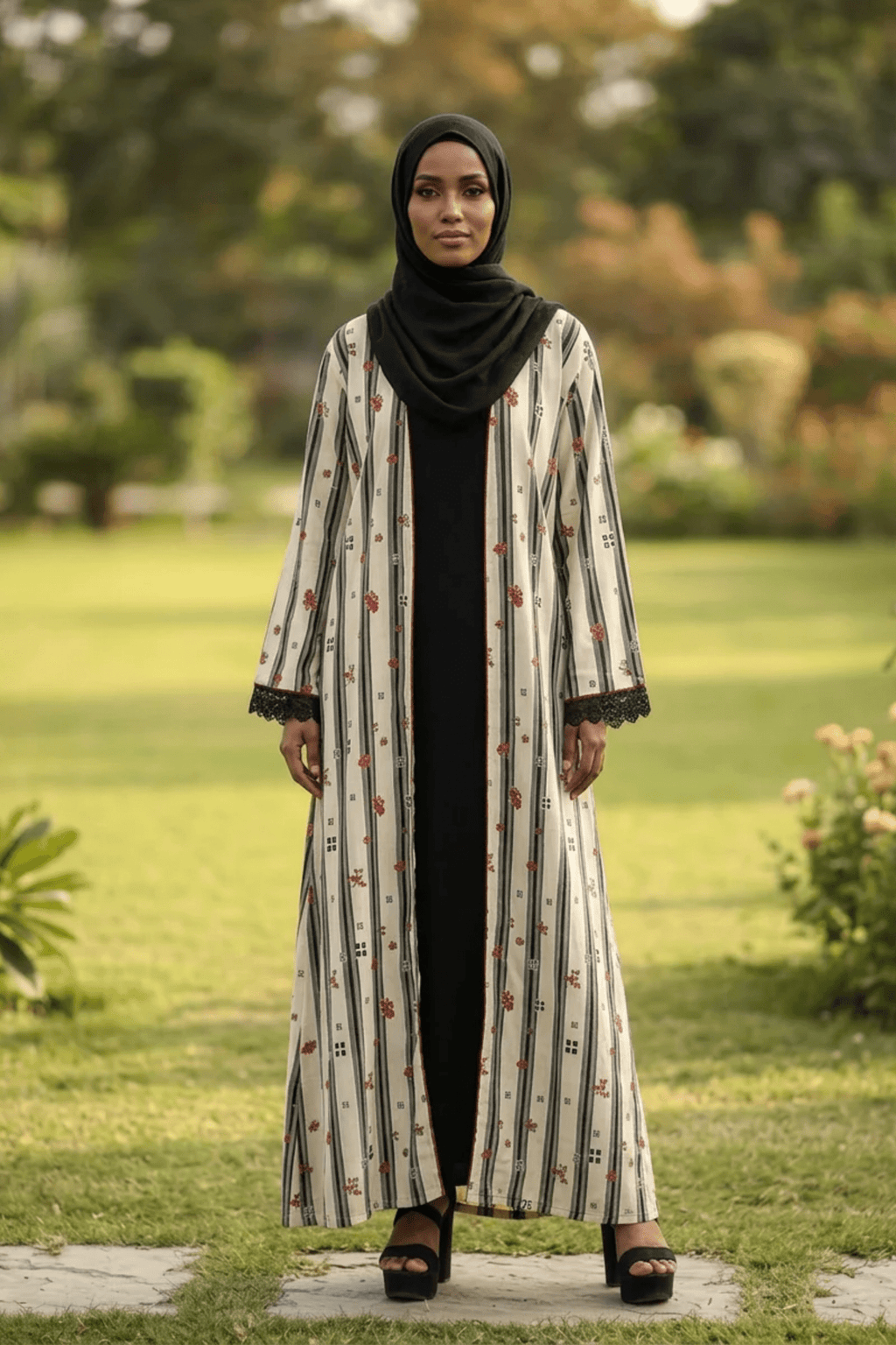 Printed Open Abaya - Crimson Bloom - Fasilah