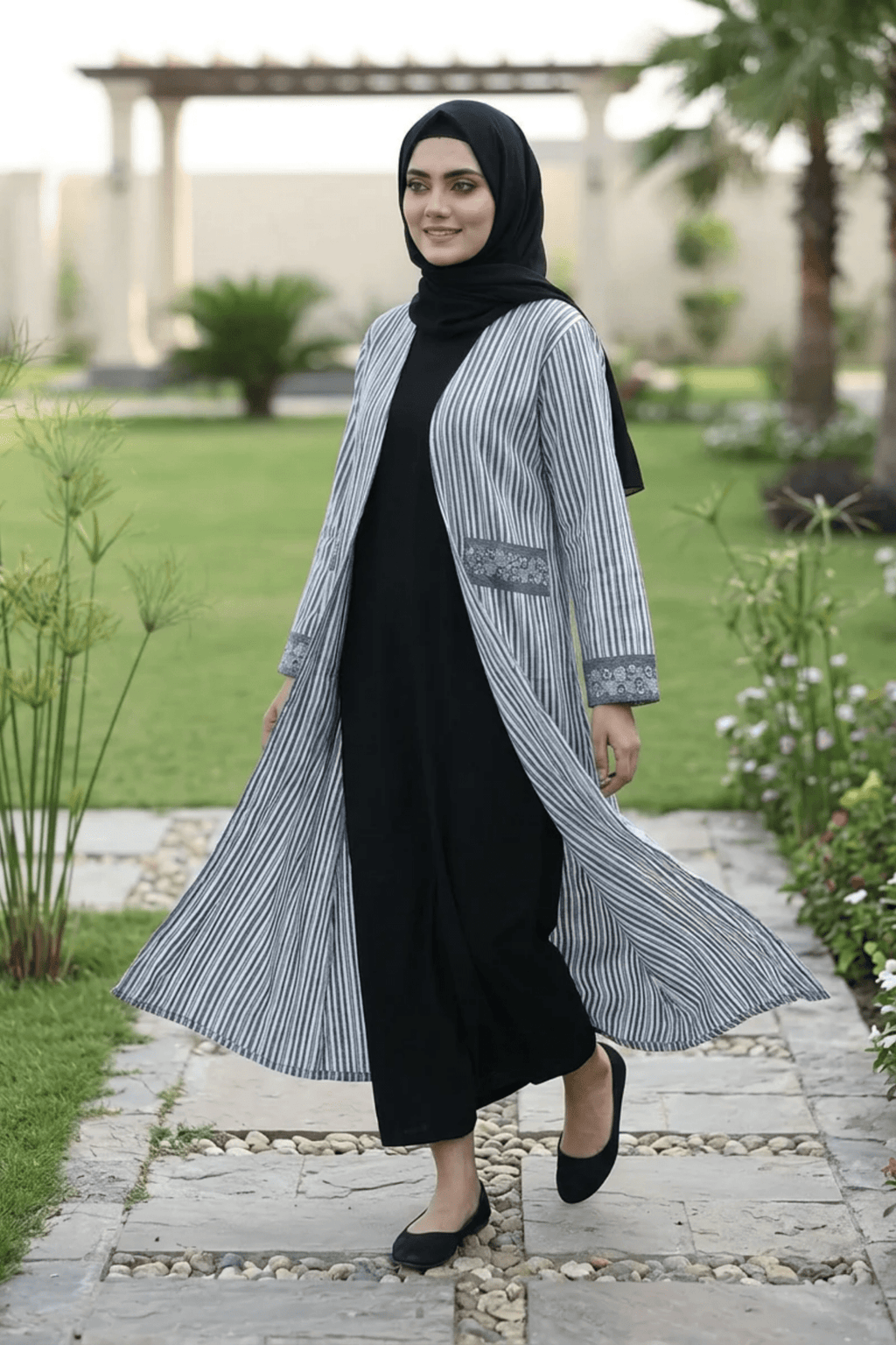 Printed Open Abaya - Grey & Blue - Fasilah