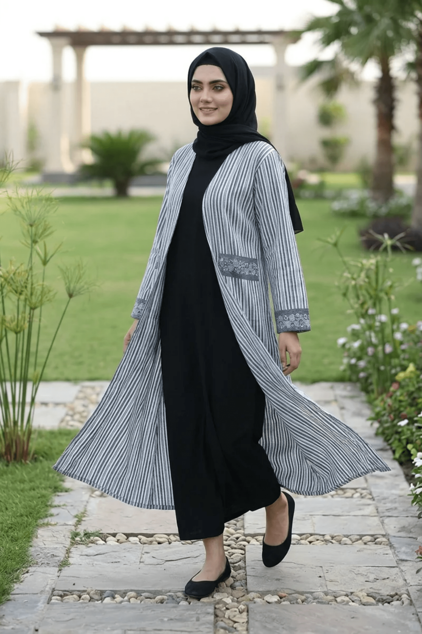 Printed Open Abaya - Grey & Blue - Fasilah