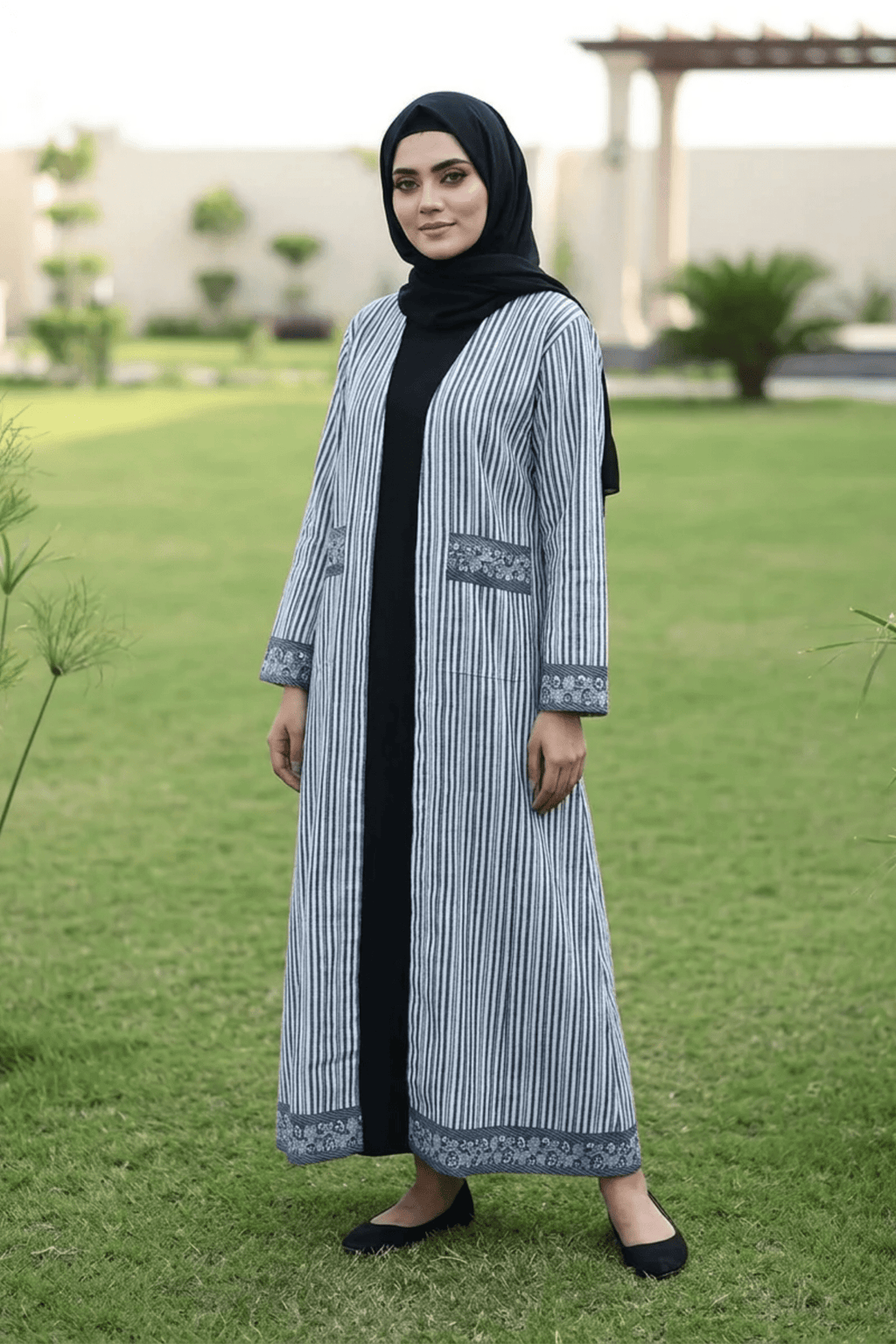 Printed Open Abaya - Grey & Blue - Fasilah