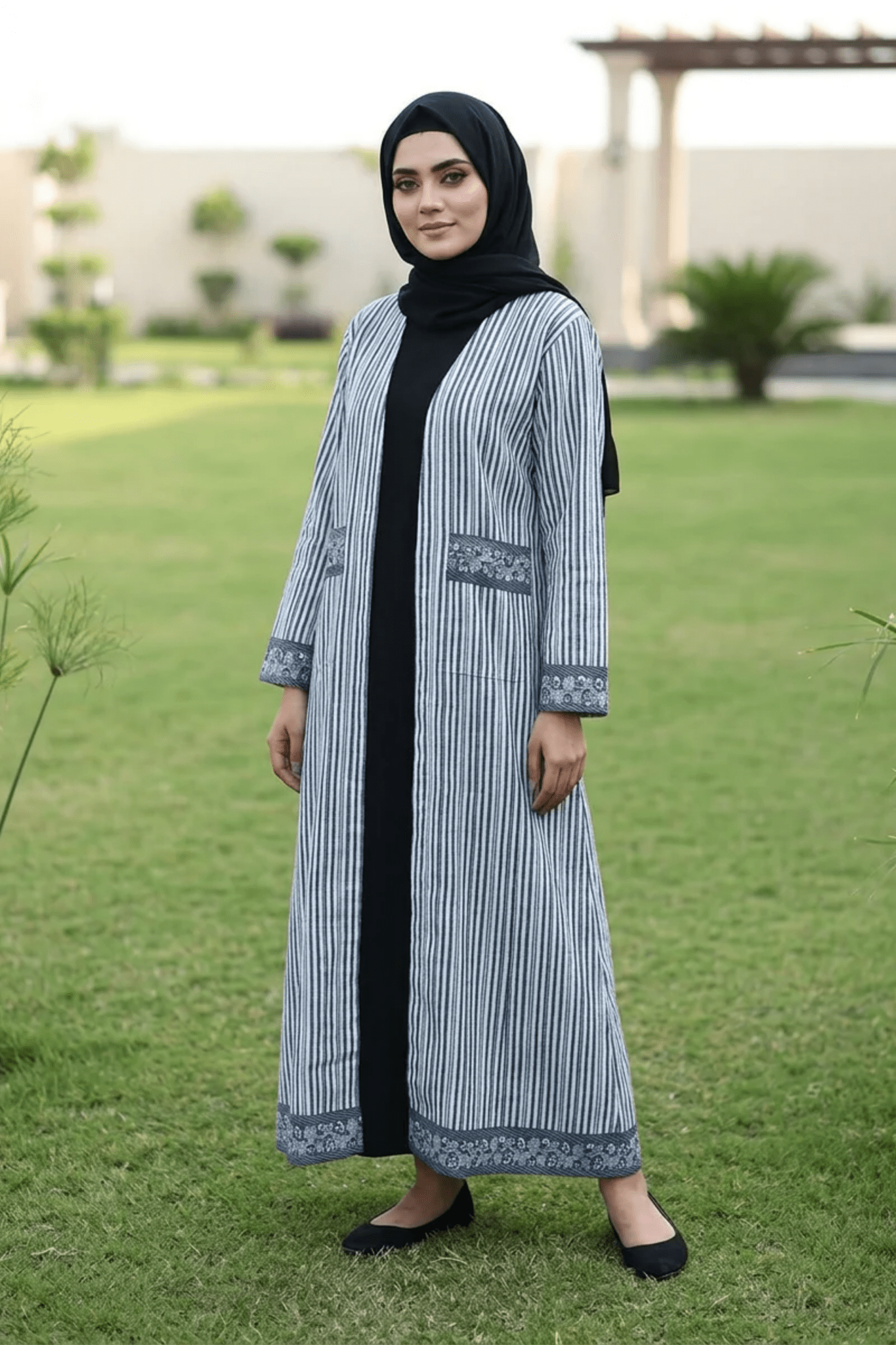 Printed Open Abaya - Grey & Blue - Fasilah