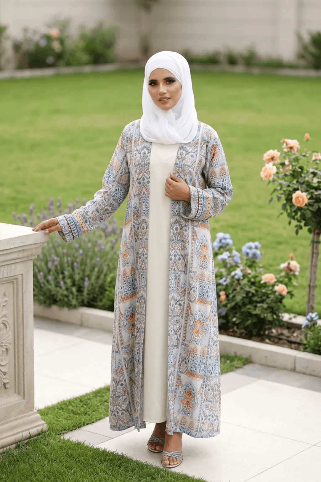 Printed Open Abaya - Multicolour - Fasilah