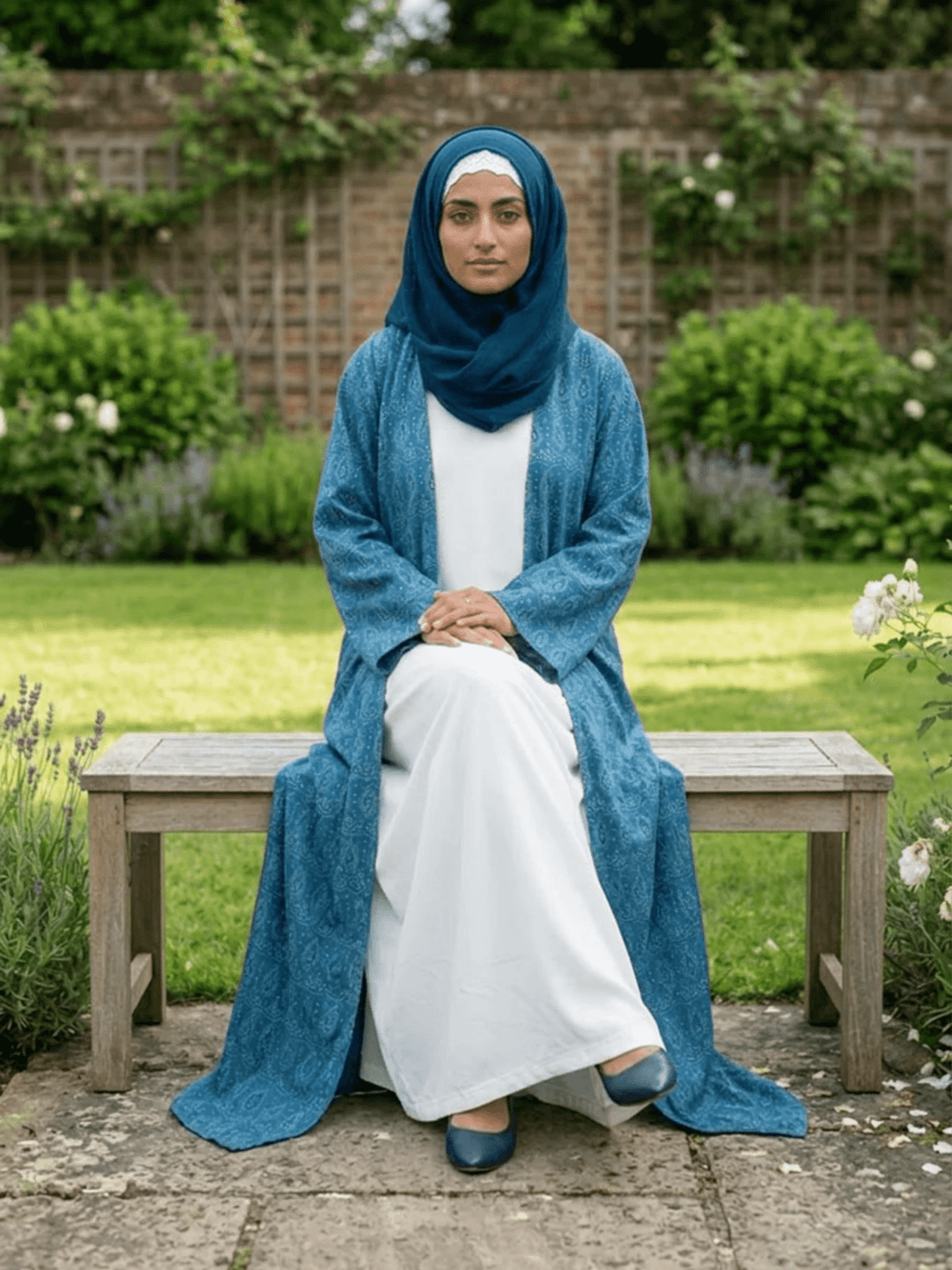 Printed Open Abaya - Sea Blue - Fasilah